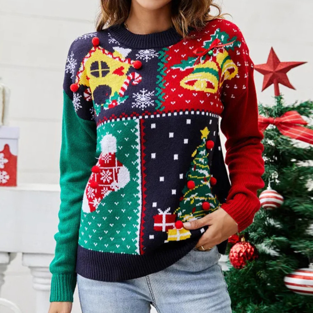 Dames Kerstsweater – Kleurrijke Patchwork Wintertrui met Kerstprint