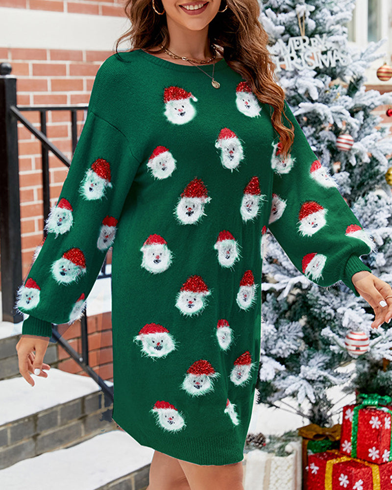 Dames Kerst Sweater Dress – Lange Winterjurk met Santa Print