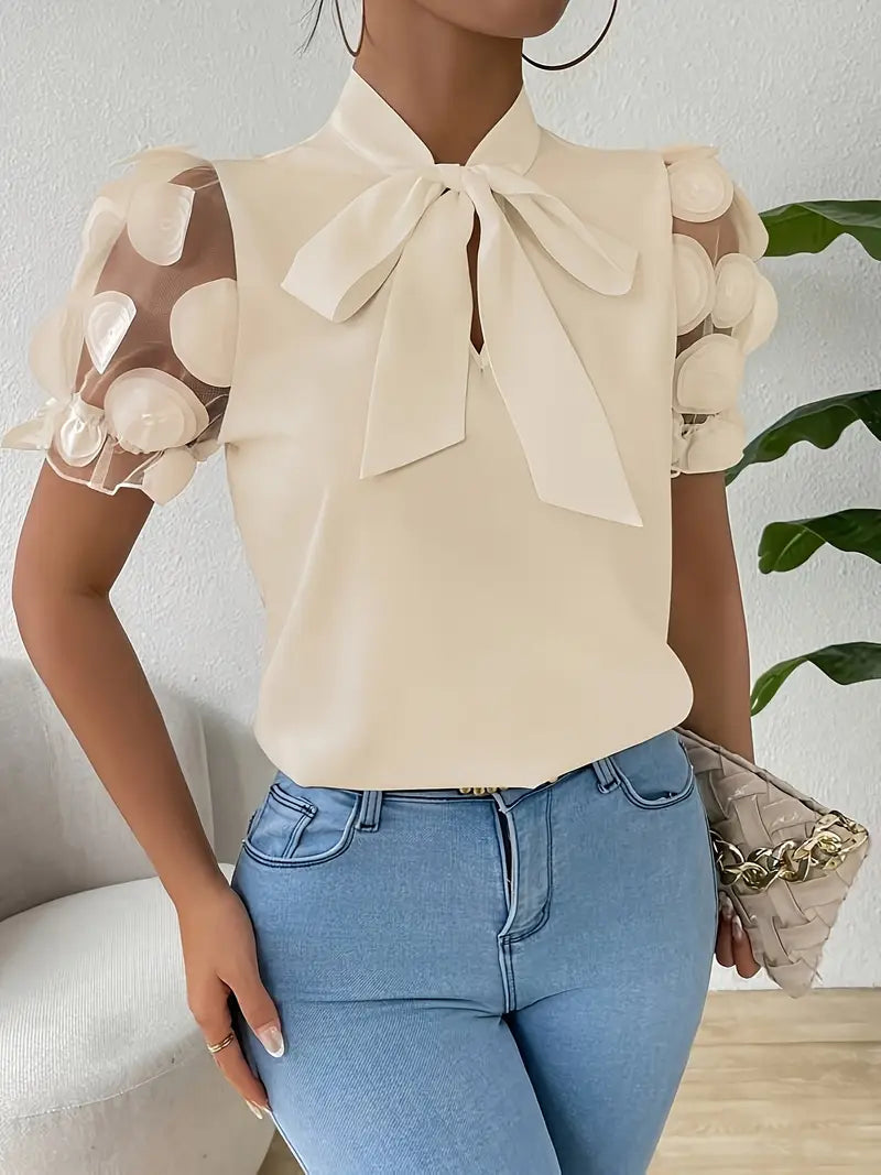 Blouse Dames Strikdetail Pofmouwen Elegante Pasvorm Dames