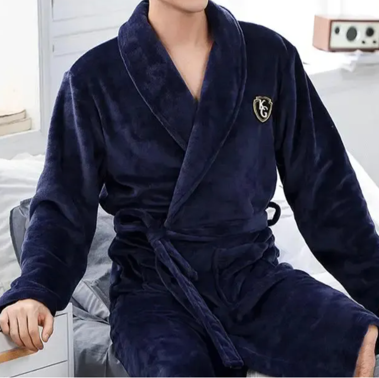 Heren badjas van flanel met V-hals en lange mouwen – Comfortabele homewear