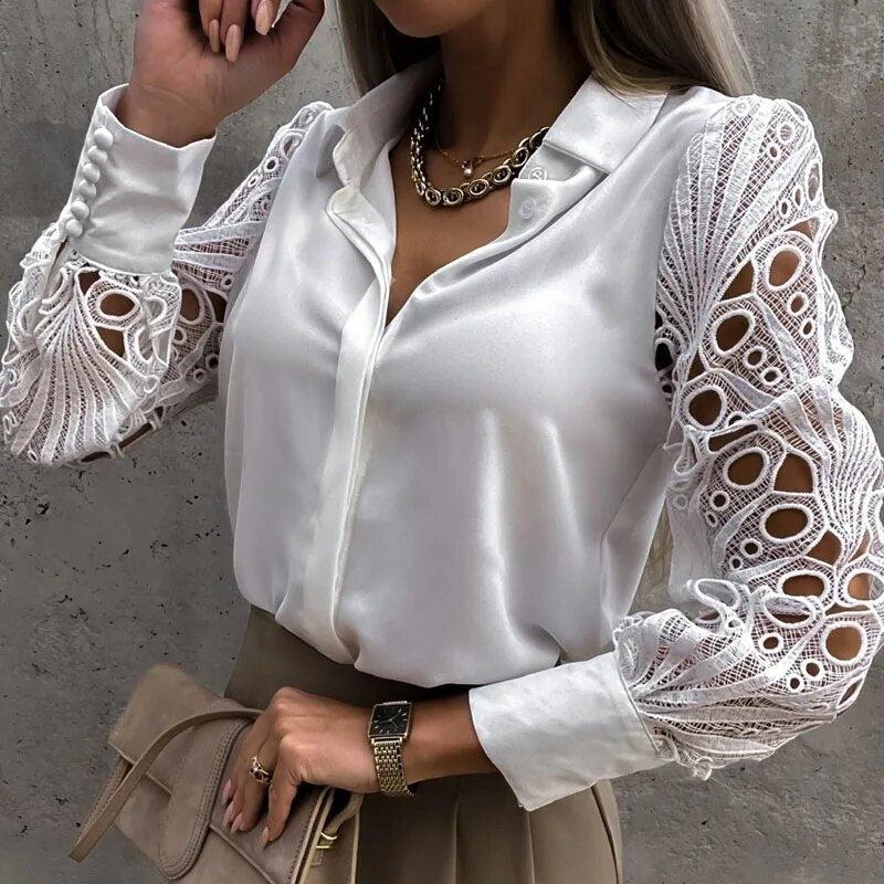 Romantische Witte Kanten Blouse met Lange Mouwen