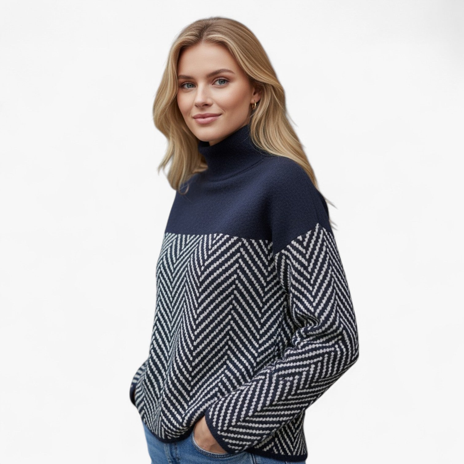 Damestrui met Hoge Hals – Moderne Gebreide Trui met Patroon