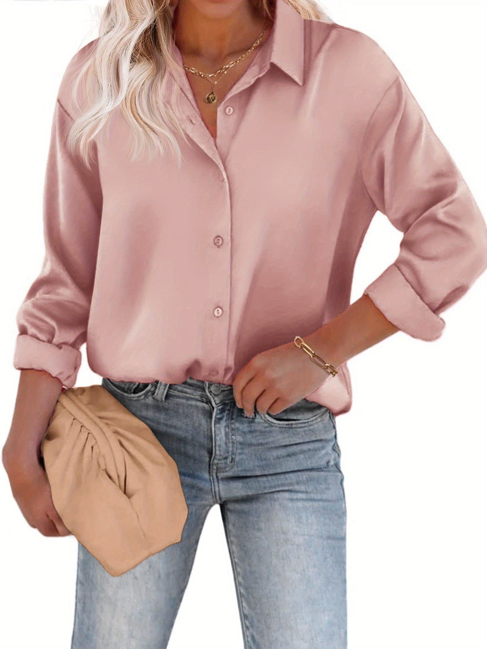 Casual Satijnen Blouse met Knoopsluiting en Lange Mouwen