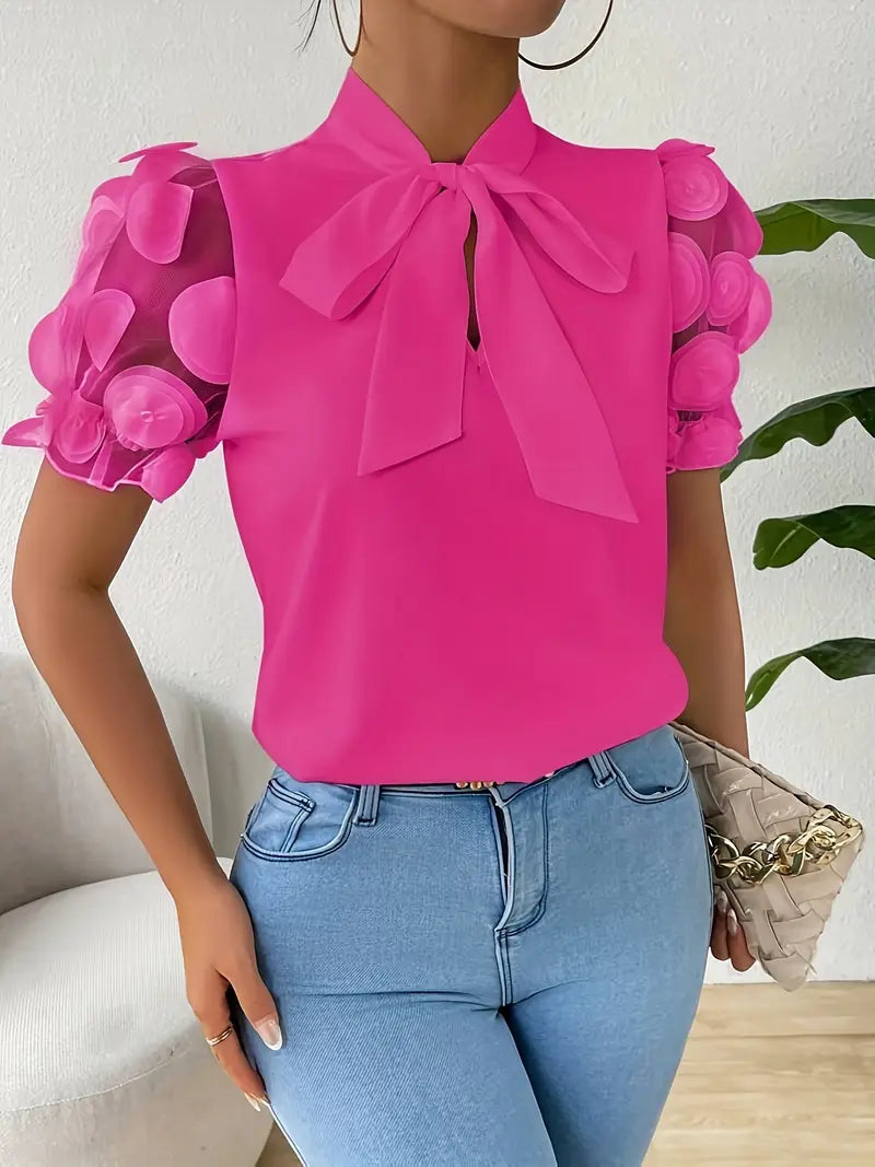 Blouse Dames Strikdetail Pofmouwen Elegante Pasvorm Dames