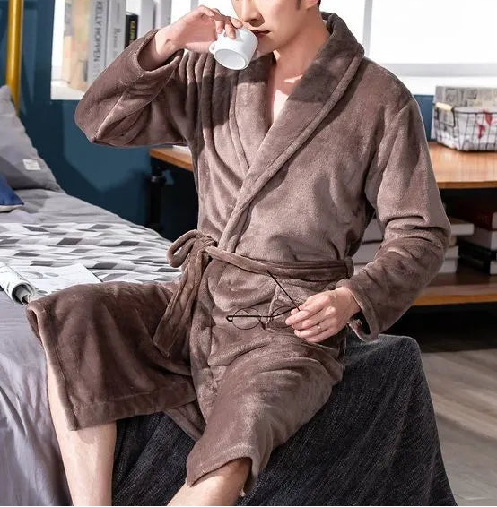 Heren badjas van flanel met V-hals en lange mouwen – Comfortabele homewear