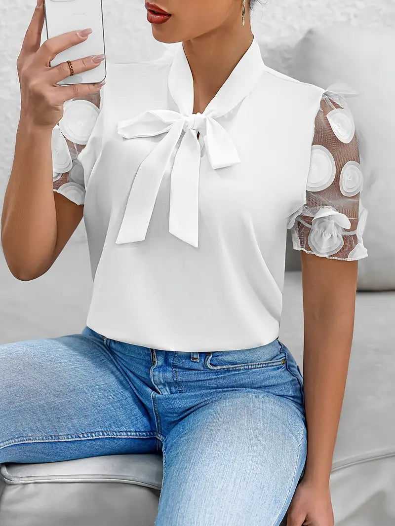 Blouse Dames Strikdetail Pofmouwen Elegante Pasvorm Dames