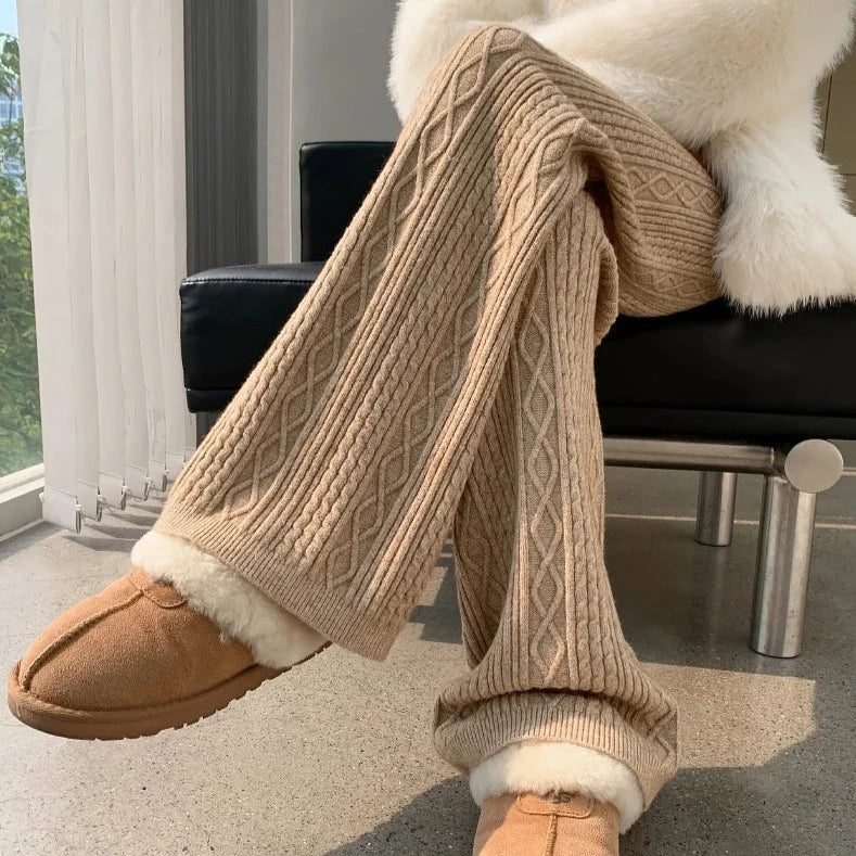 Dames Gebreide Loungebroek – Comfortabele Wijde Broek met Elastische Taille