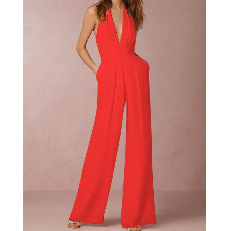Mouwloze Dames Jumpsuit met Diepe V-Hals en Palazzo Pijpen