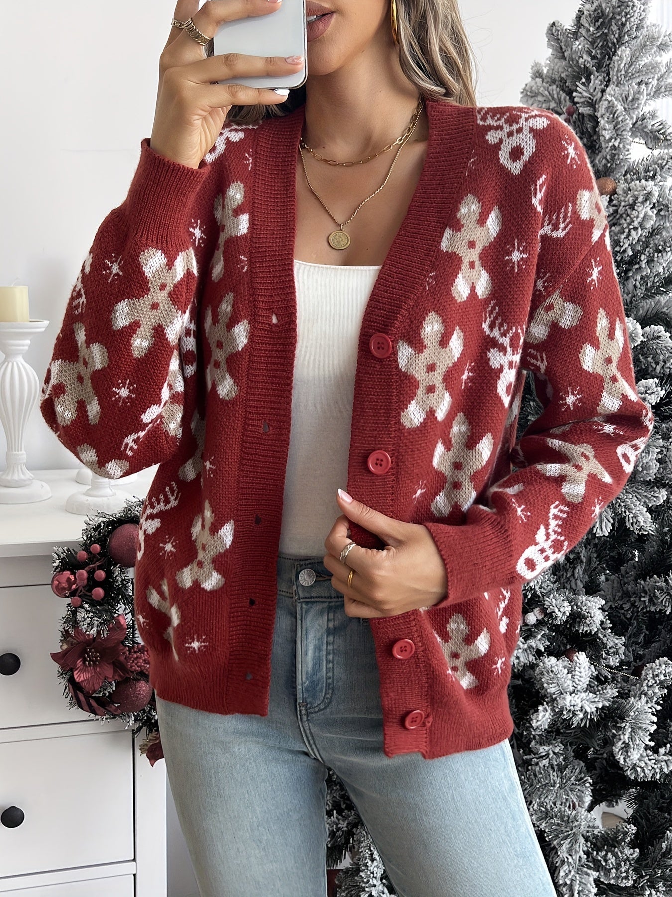 Kerst Cardigan met Sneeuwvlokken – Warme Dames Winter Vest