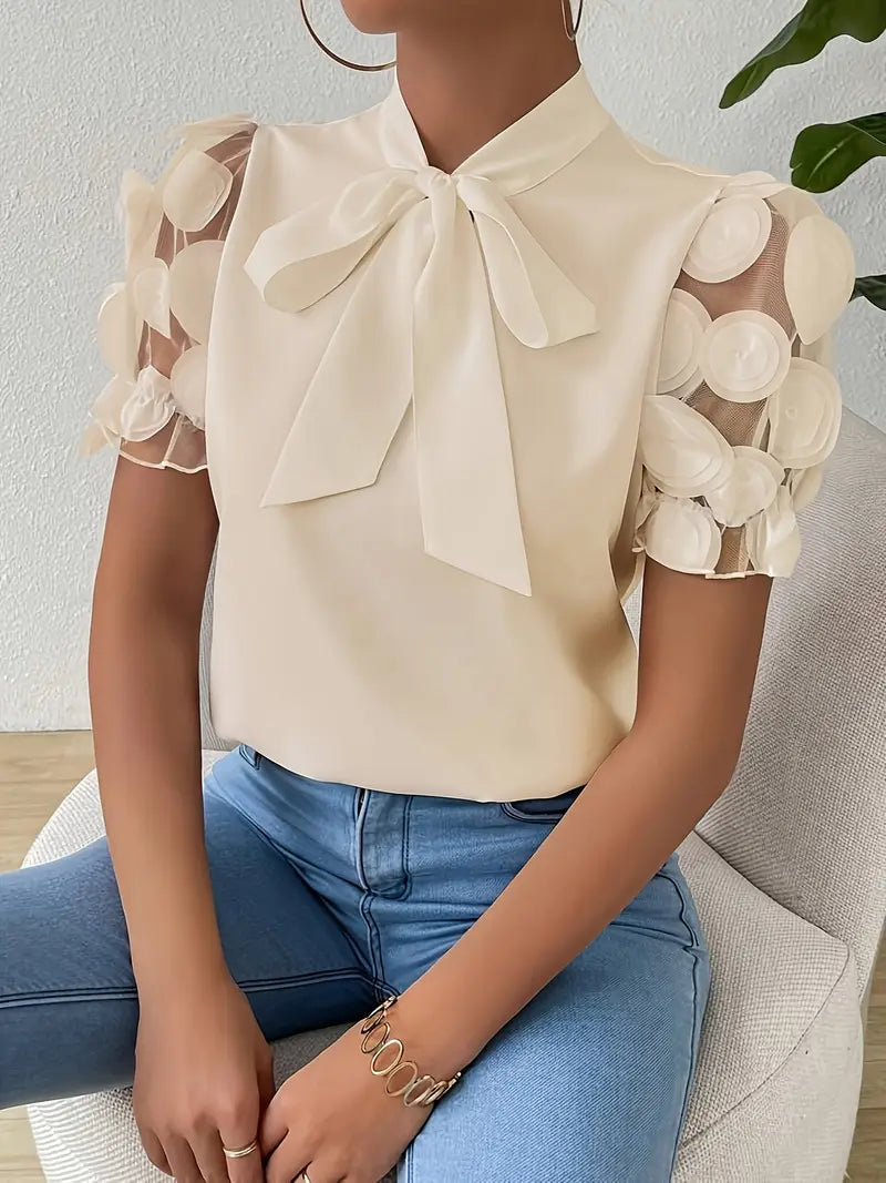 Blouse Dames Strikdetail Pofmouwen Elegante Pasvorm Dames