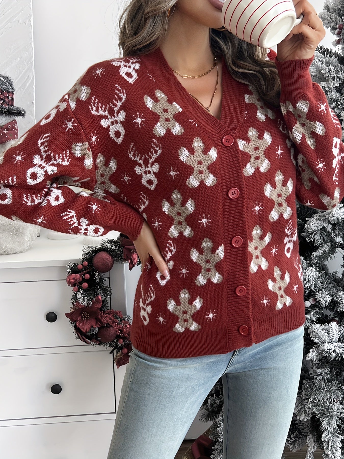 Kerst Cardigan met Sneeuwvlokken – Warme Dames Winter Vest