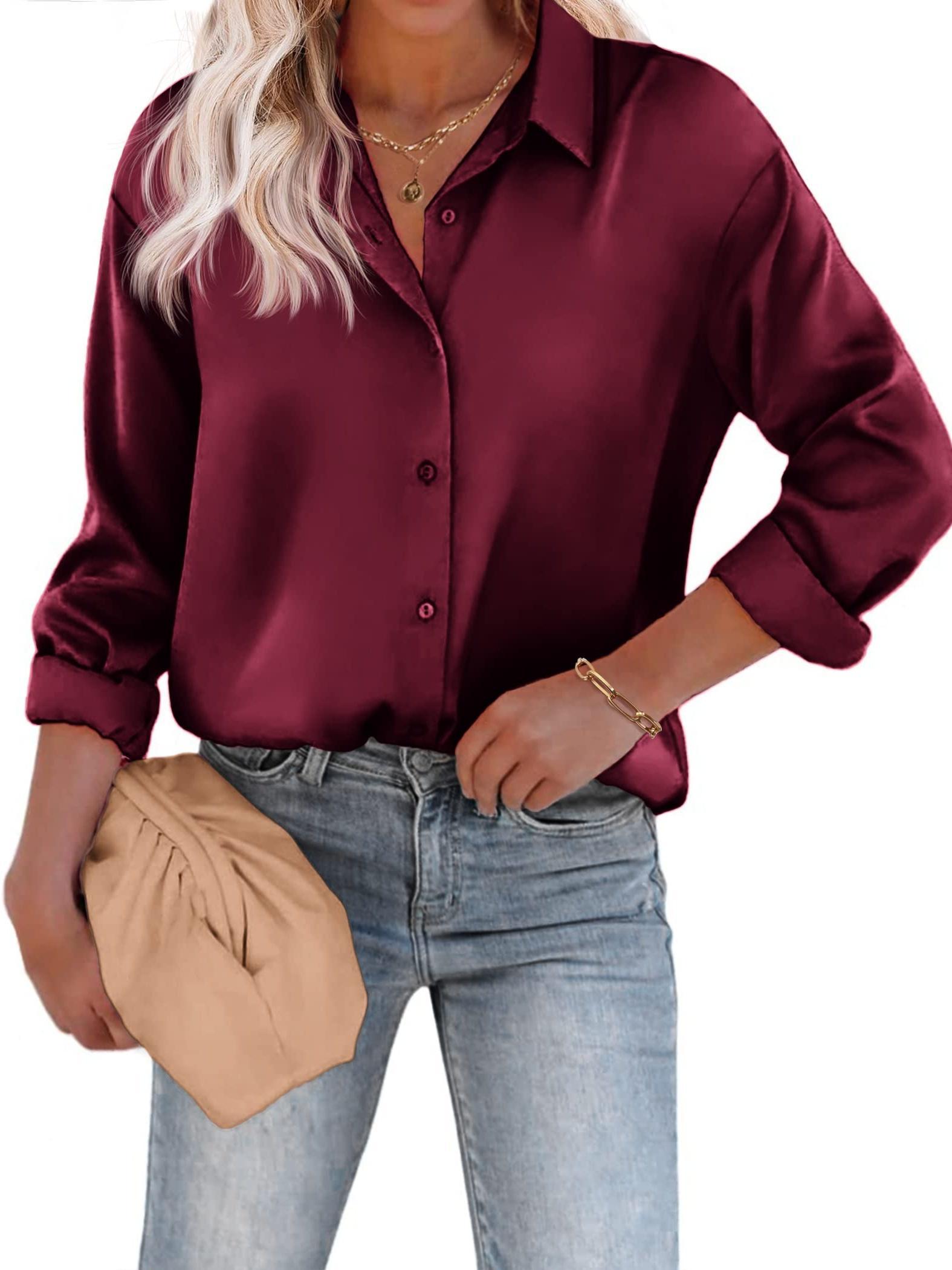 Casual Satijnen Blouse met Knoopsluiting en Lange Mouwen