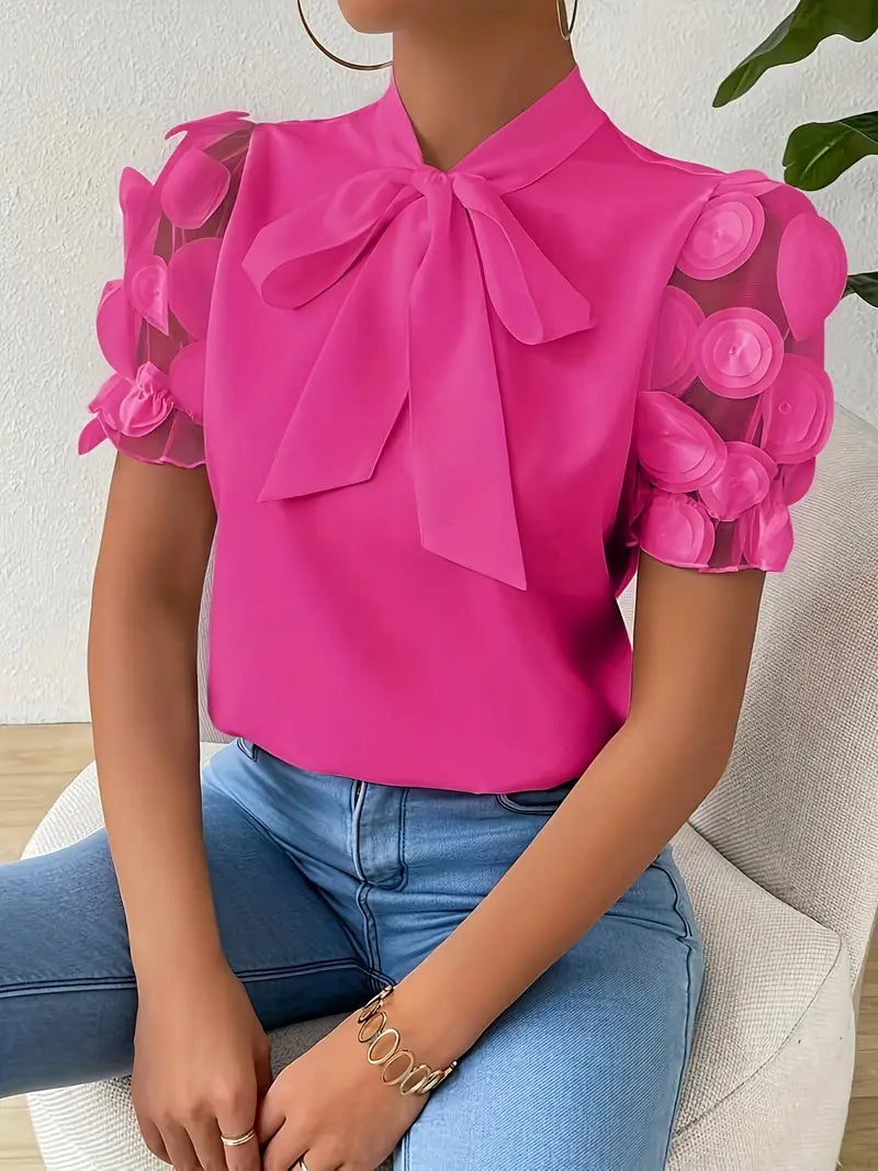 Blouse Dames Strikdetail Pofmouwen Elegante Pasvorm Dames