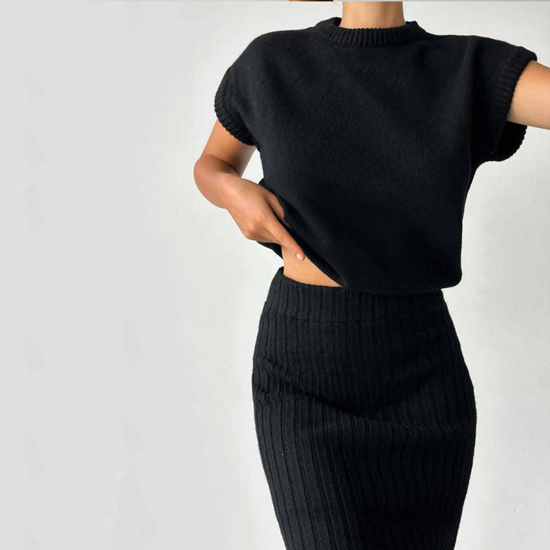 Dames Rib Gebreide Set – Elegante Top & Midi Rok Tweedelig