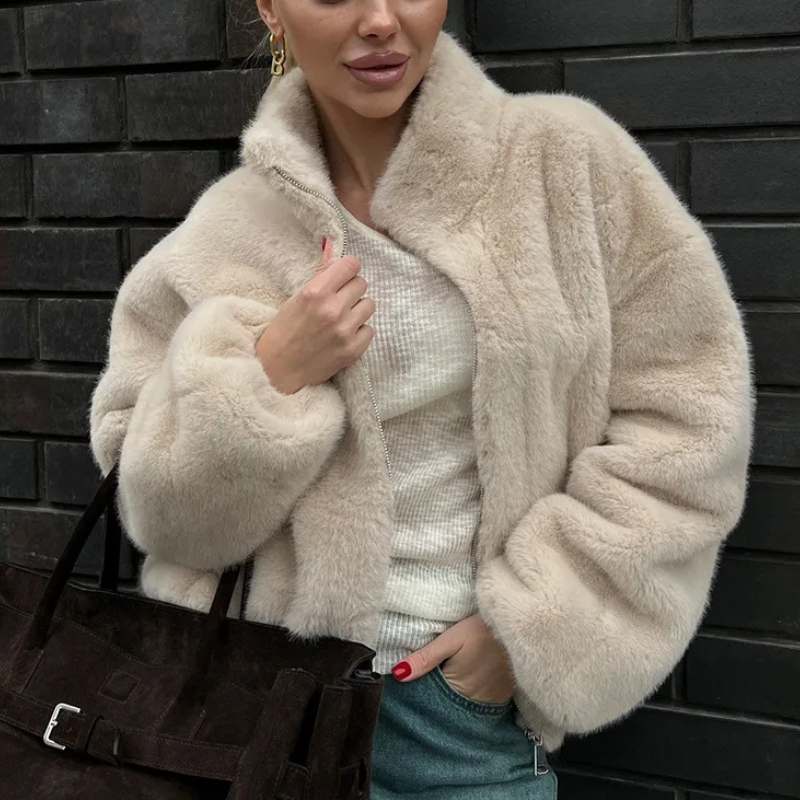 Dames Zachte Winterjas – Elegante Faux Fur Kort Jack