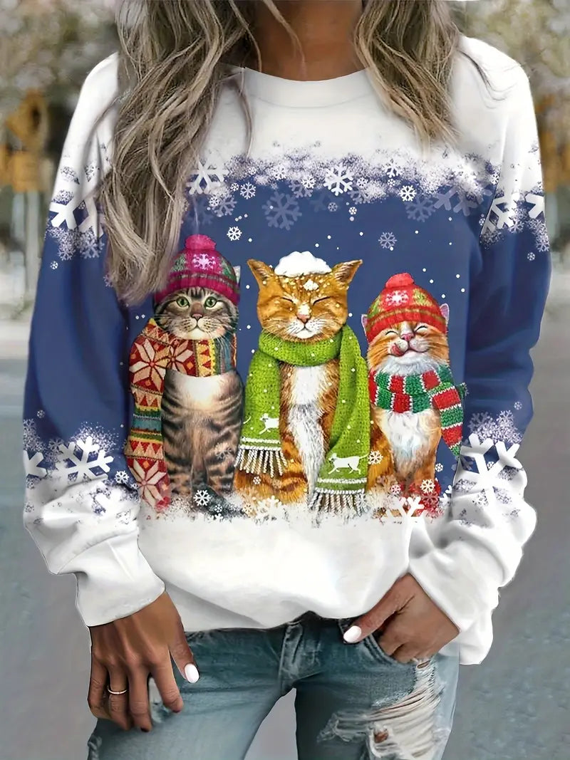 Kerstpullover met schattige kat opdruk voor dames-mezamstore.nl