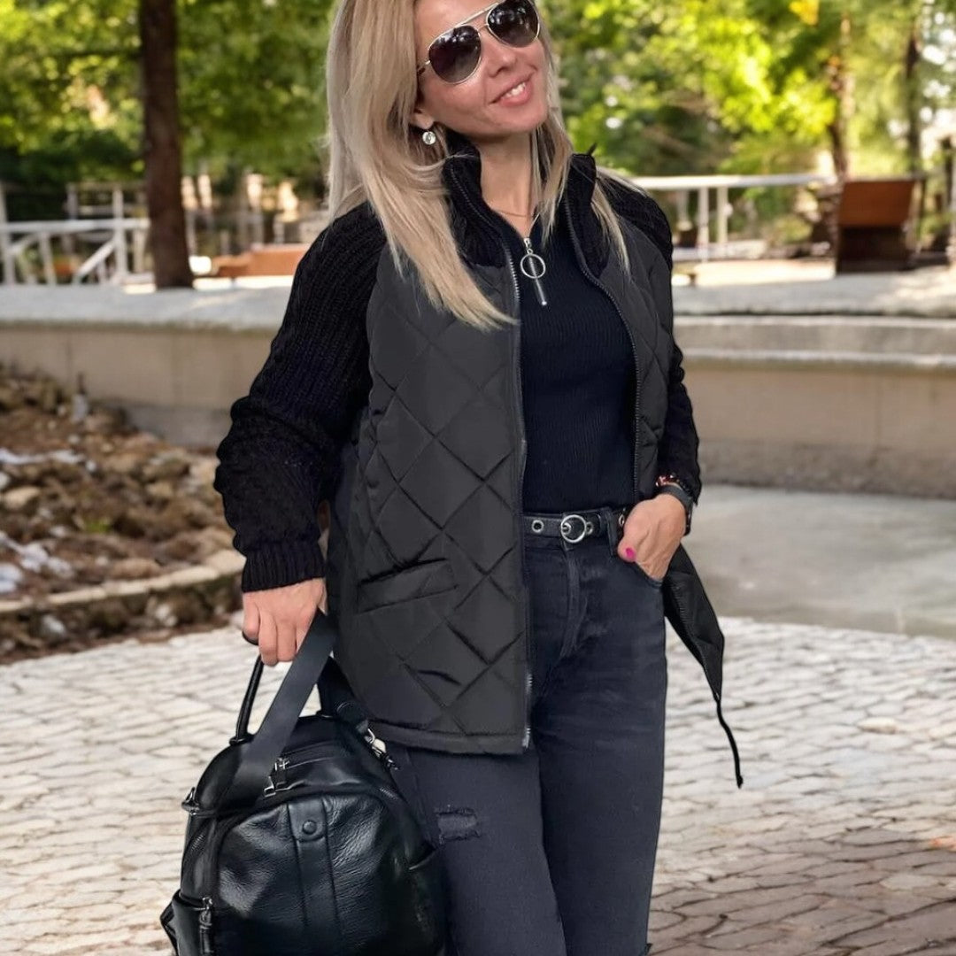 Dames Gewatteerde Jas met Gebreide Mouwen – Comfortabel & Stijlvol