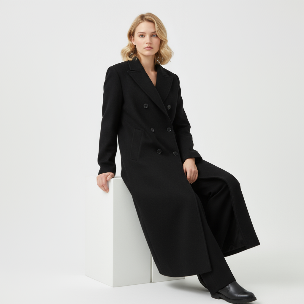 Lange Damesmantel – Tijdloze Elegantie met Dubbele Sluiting