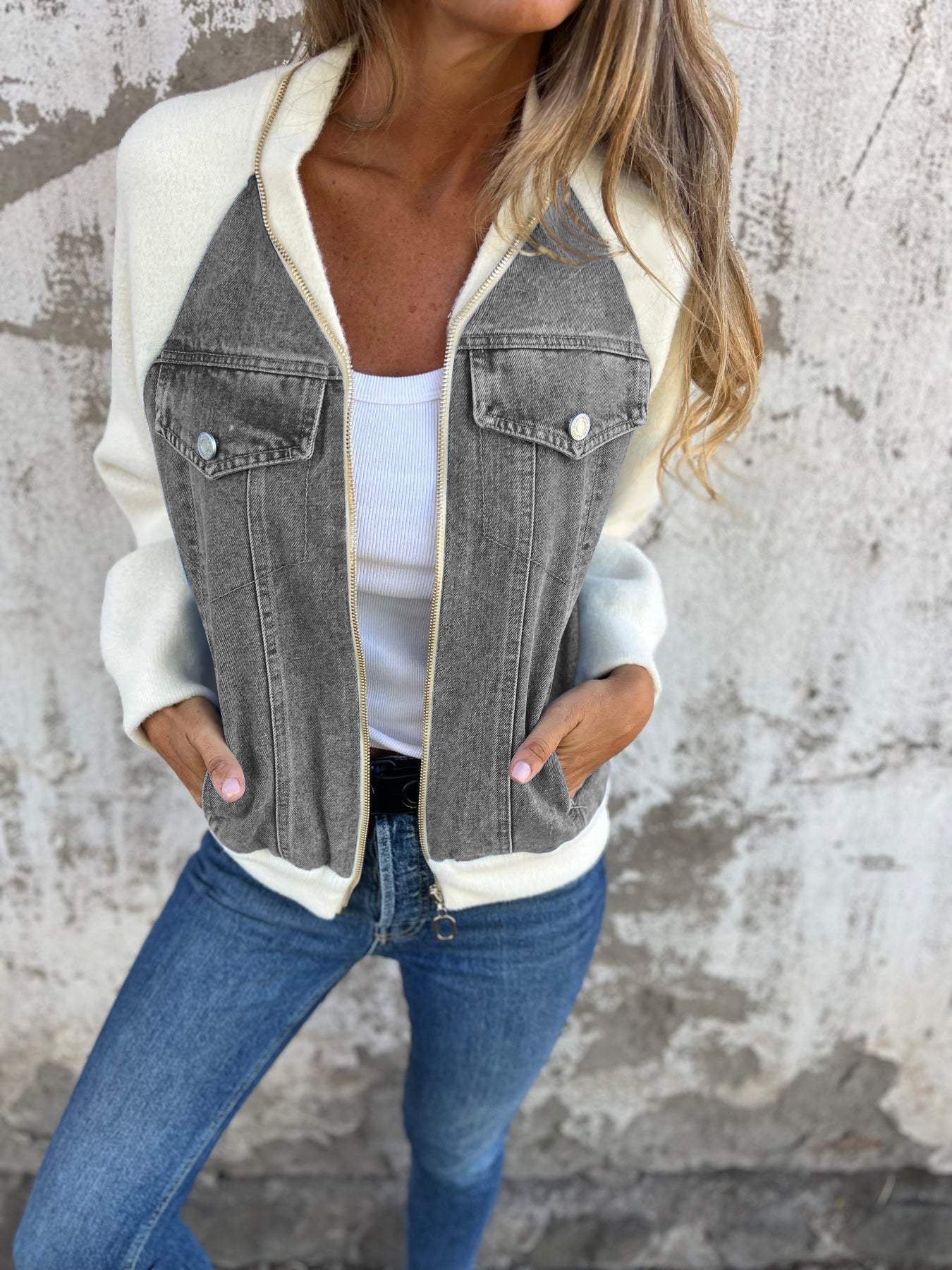 Trendy Damesjas – Denimlook Jas met Gebreide Mouwen en Casual Stijl