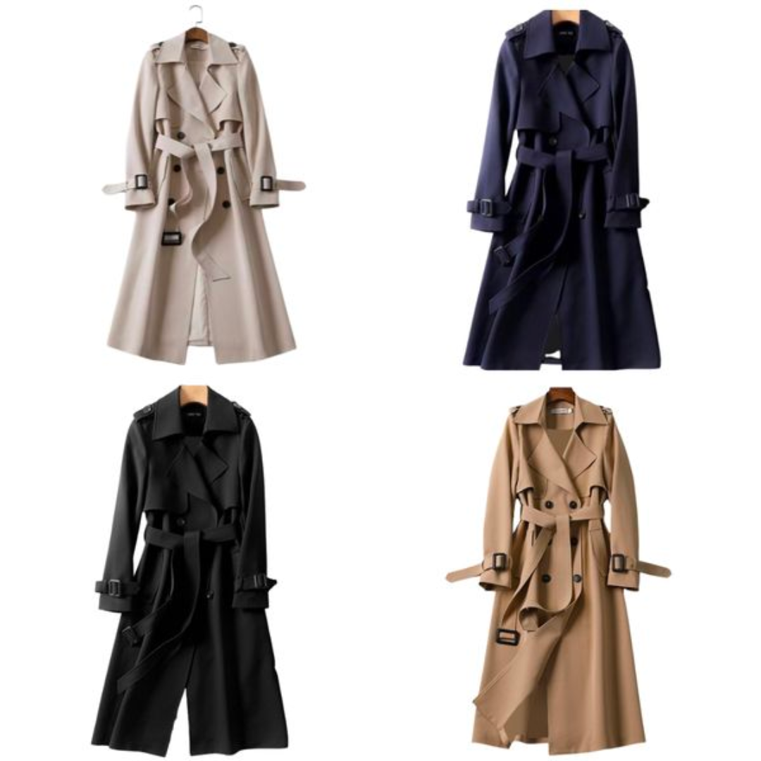 Dames Lange Trenchcoat – Elegante Jas met Ceintuur en Dubbele Rij