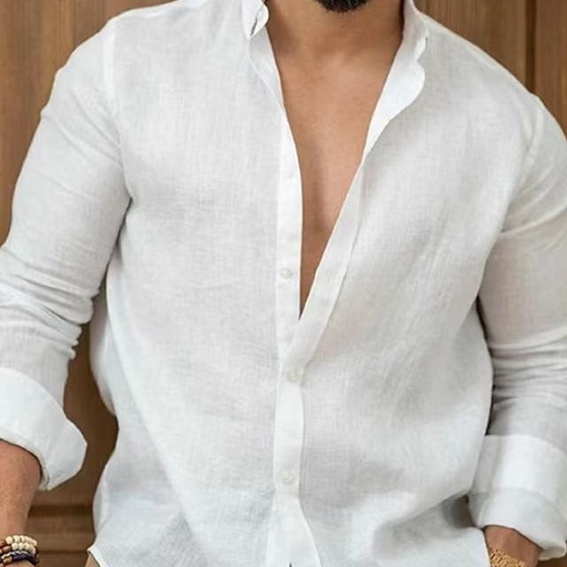 Linnen Overhemd Heren Licht Ademend Open Kraag