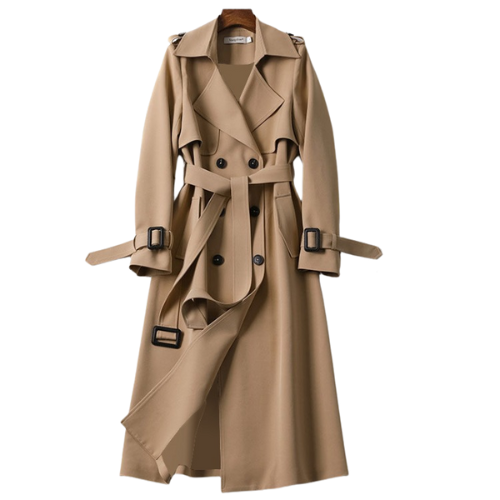 Dames Lange Trenchcoat – Elegante Jas met Ceintuur en Dubbele Rij