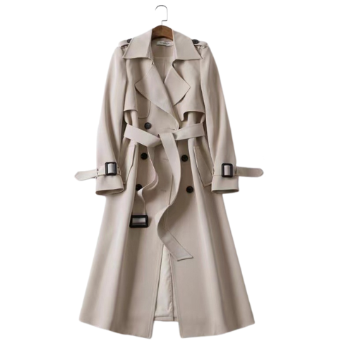 Dames Lange Trenchcoat – Elegante Jas met Ceintuur en Dubbele Rij