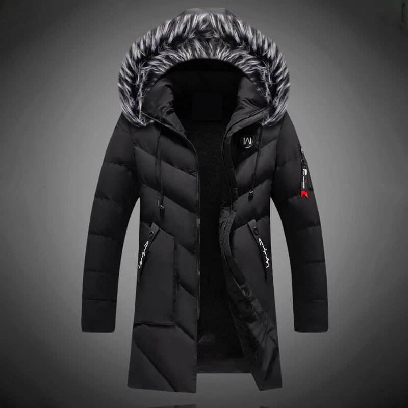 Heren Lange Winterjas met Capuchon en Faux Fur Kraag