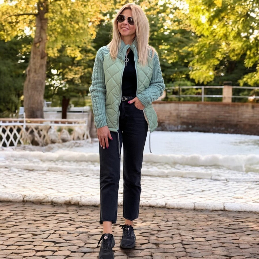 Dames Gewatteerde Jas met Gebreide Mouwen – Comfortabel & Stijlvol