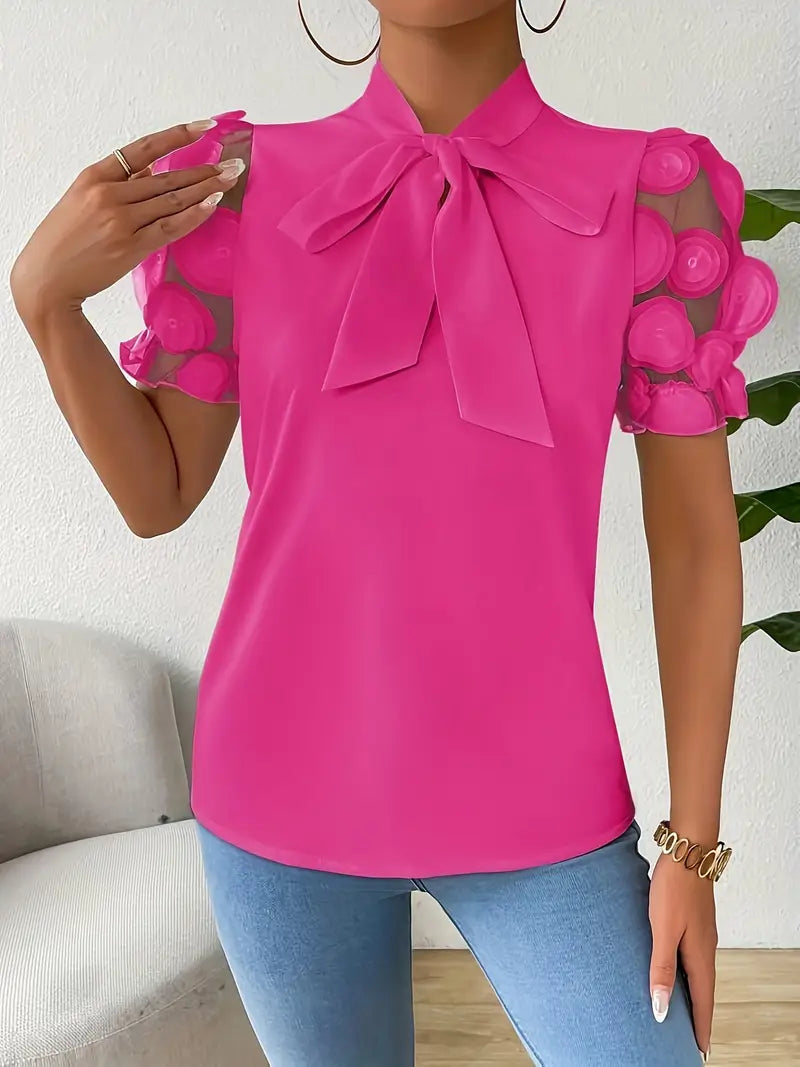 Blouse Dames Strikdetail Pofmouwen Elegante Pasvorm Dames