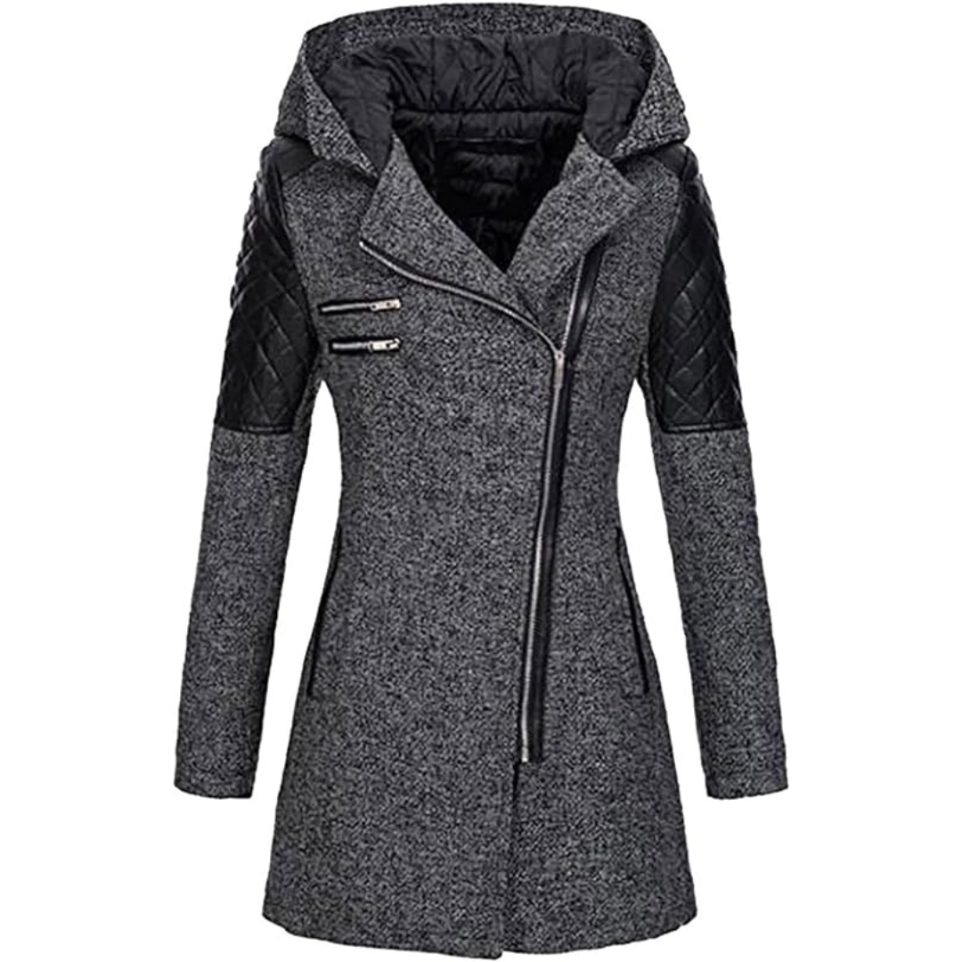 Lange damesjas – Elegante jas met capuchon en leren details