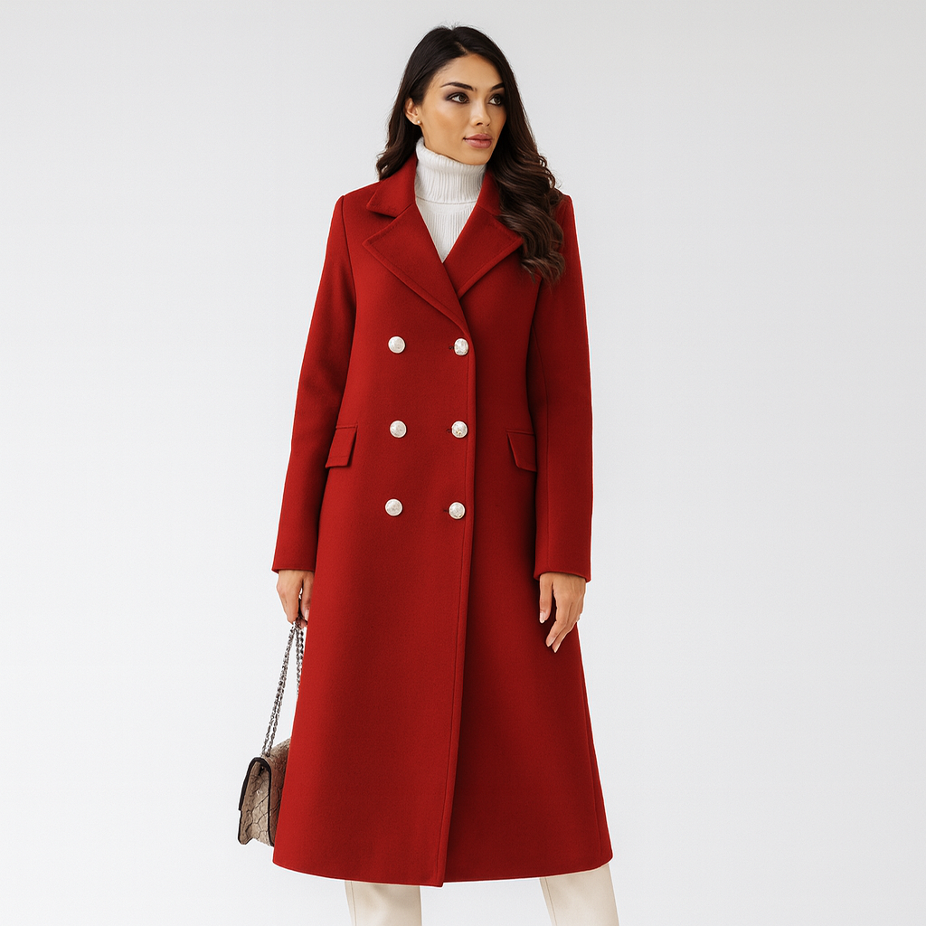 Dames Lange Jas met Dubbele Knoopsluiting – Elegant & Tijdloos