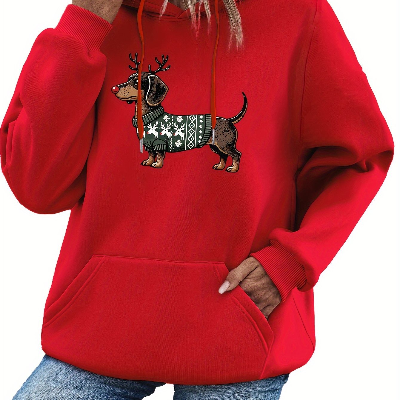 Dames Kerst Hoodie met Teckel Print – Warme Winter Hoodie