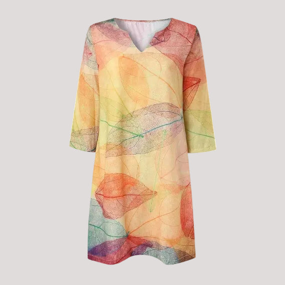 Midi Jurk Dames Botanische Print V Hals Losvallende Pasvorm