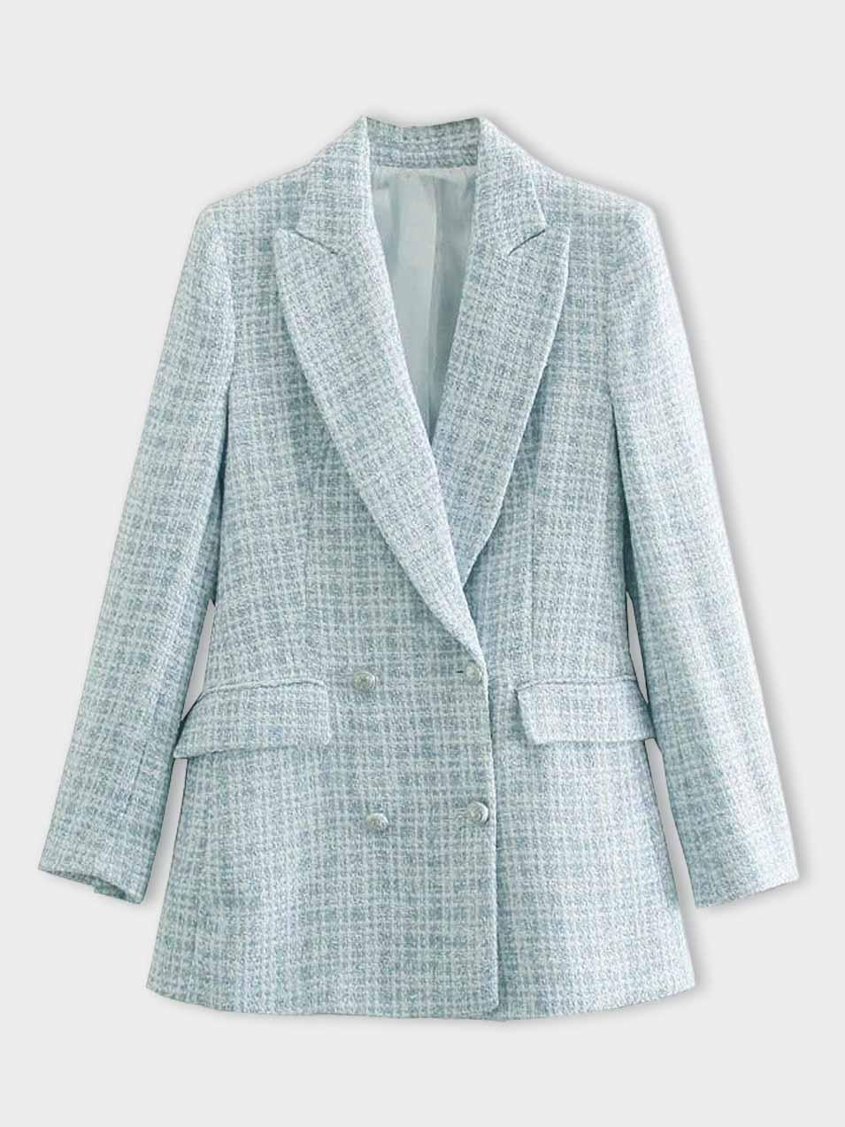 Lichtblauwe Dames Tweed Blazer – Dubbelrijig, Getailleerd en Elegant