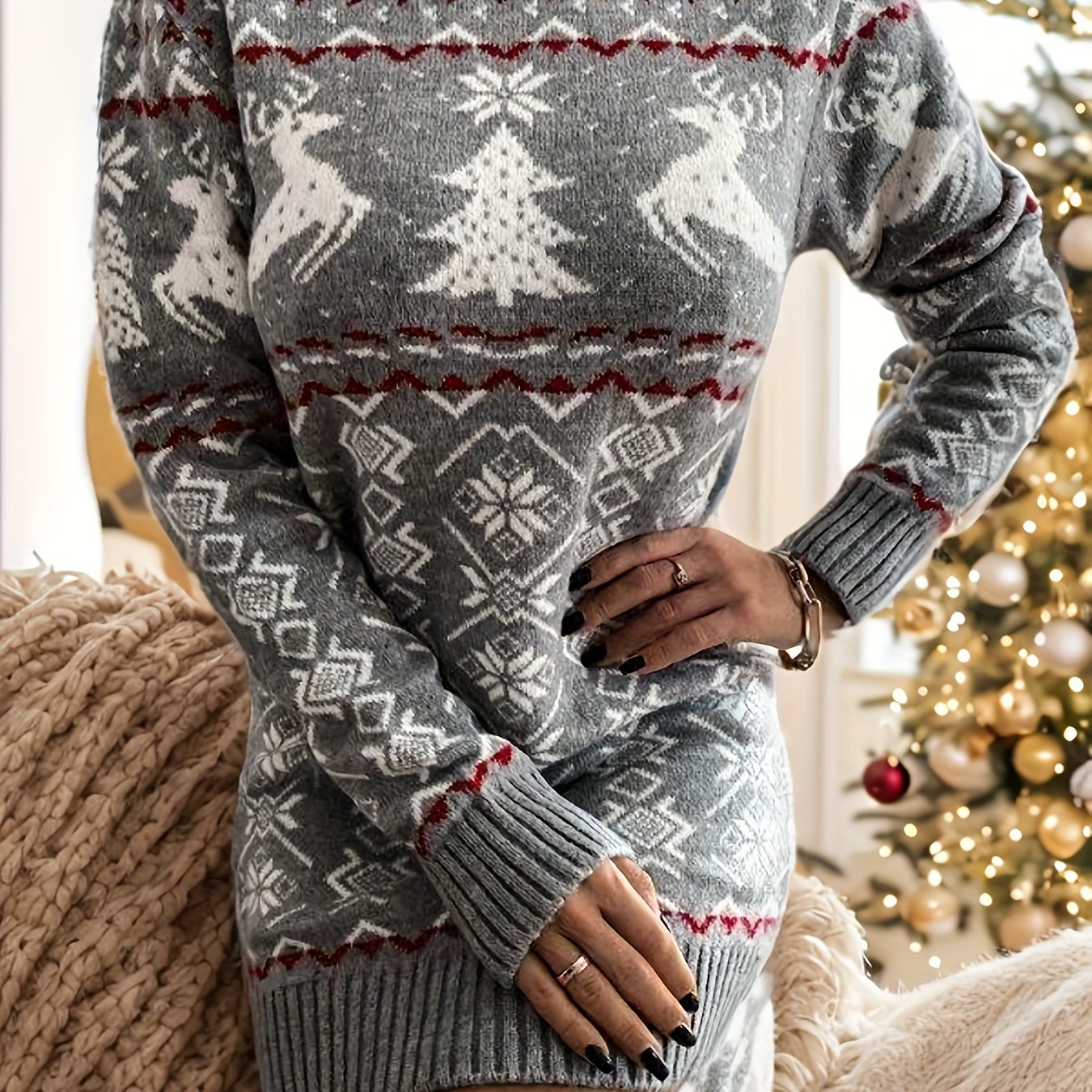 Winter Sweater Dress voor Dames – Gebreide Kerstjurk met Print