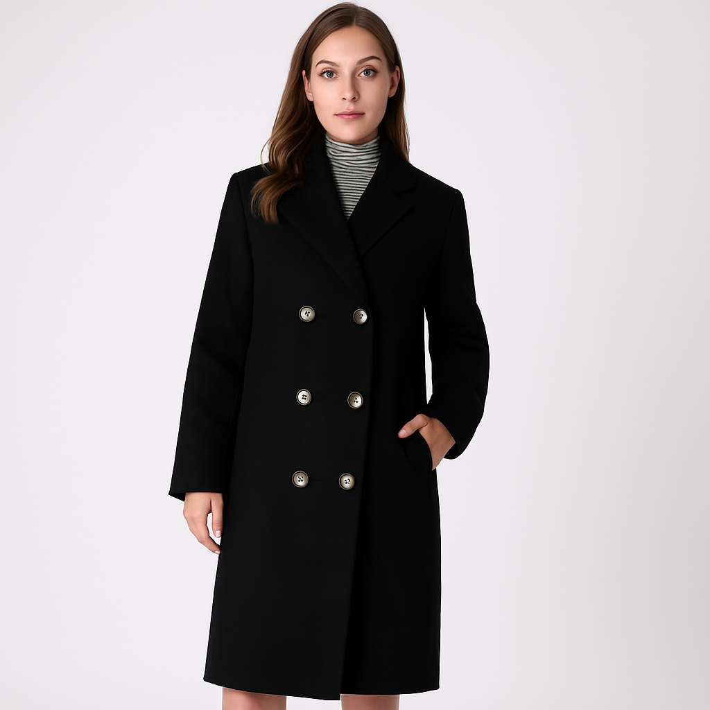 Dames Lange Jas met Dubbele Knoopsluiting – Elegant & Tijdloos