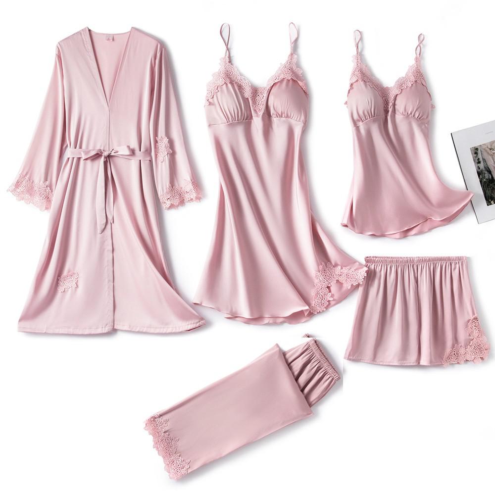 5-delige Dames Nachtkleding Set – Luxe Pyjama & Kimono Set