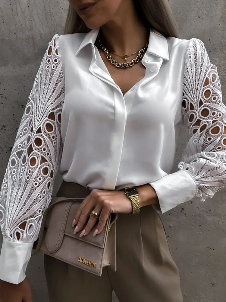 Romantische Witte Kanten Blouse met Lange Mouwen