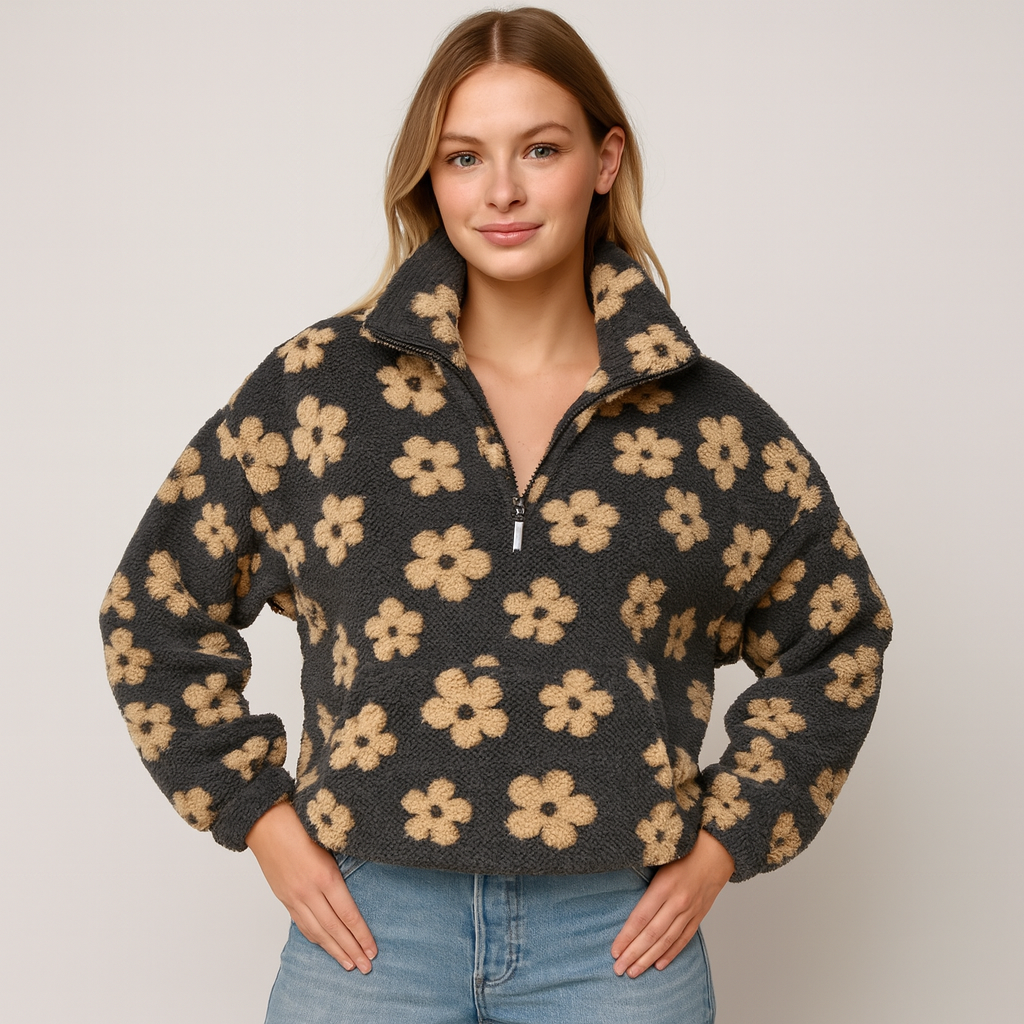 Dames Bloemen Trui met Halve Rits – Zacht, Warm & Trendy