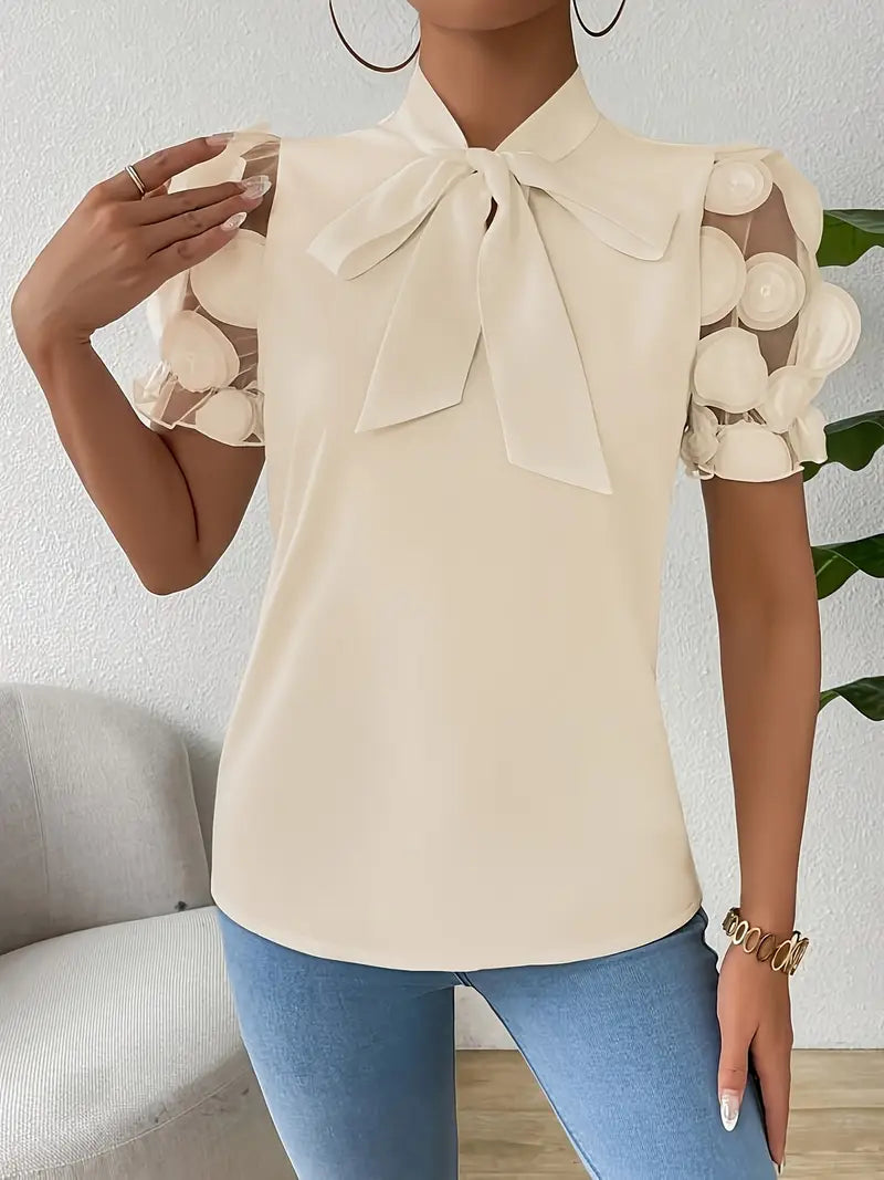 Blouse Dames Strikdetail Pofmouwen Elegante Pasvorm Dames