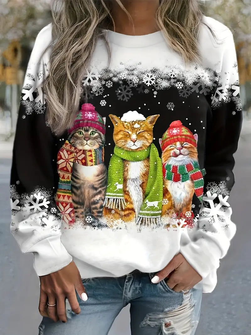 Kerstpullover met schattige kat opdruk voor dames-mezamstore.nl