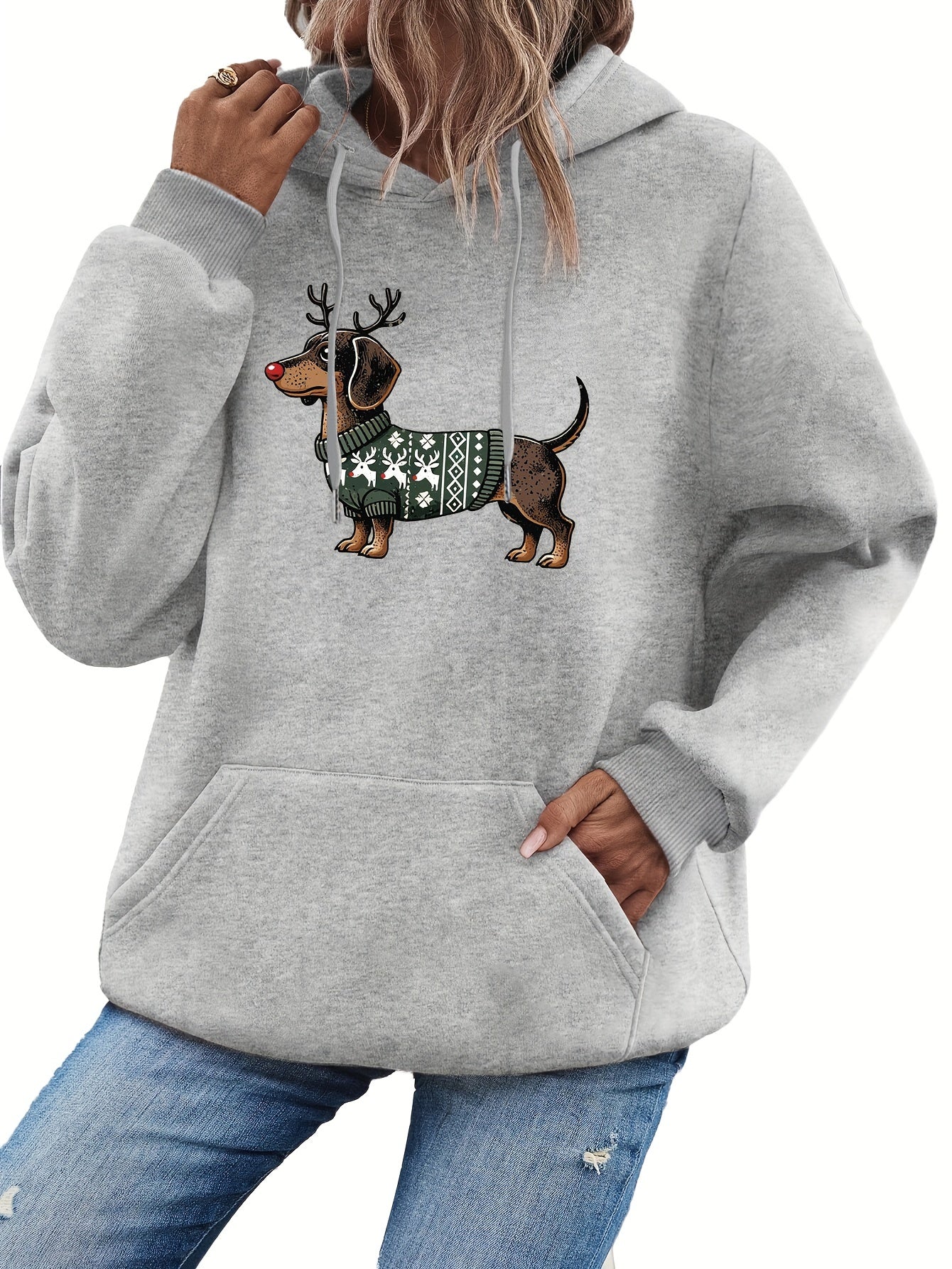 Dames Kerst Hoodie met Teckel Print – Warme Winter Hoodie