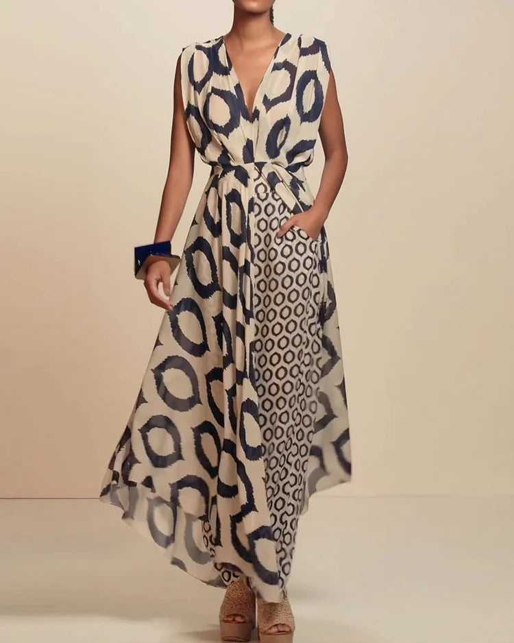 Elegante Maxi-Jurk met Grafische Print en V-Hals – Comfort & Stijl