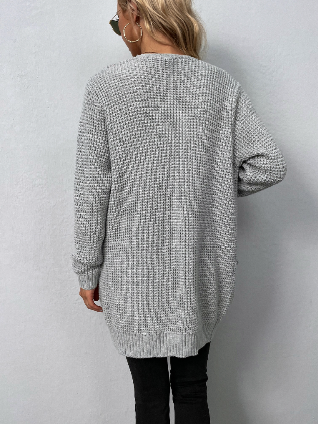 Gebreid damesvest – Lange open cardigan met zakken