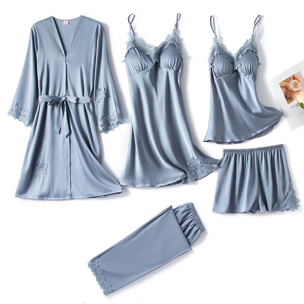 5-delige Dames Nachtkleding Set – Luxe Pyjama & Kimono Set