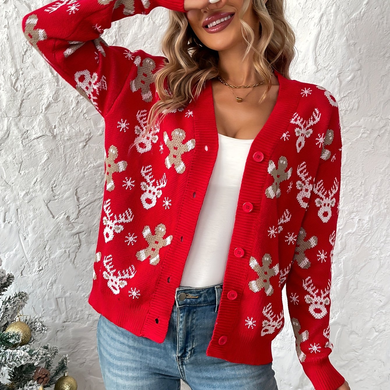 Kerst Cardigan voor Dames – Gebreid Vest met Winterse Print