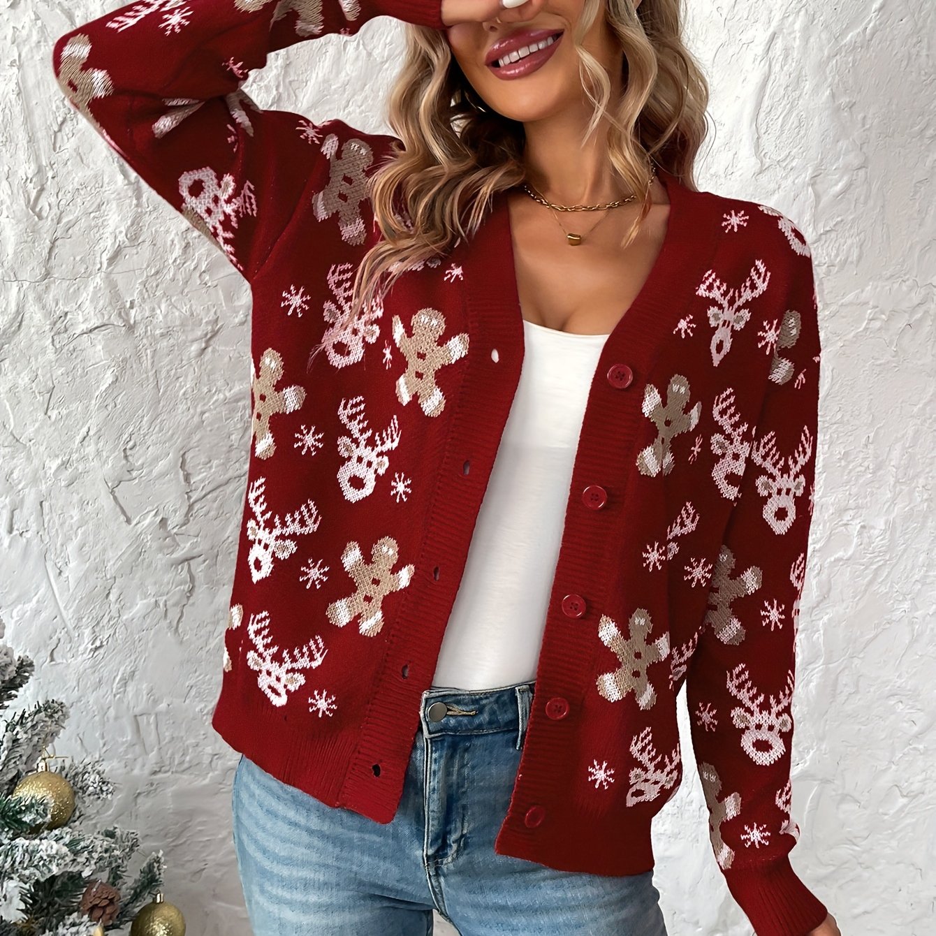 Kerst Cardigan voor Dames – Gebreid Vest met Winterse Print