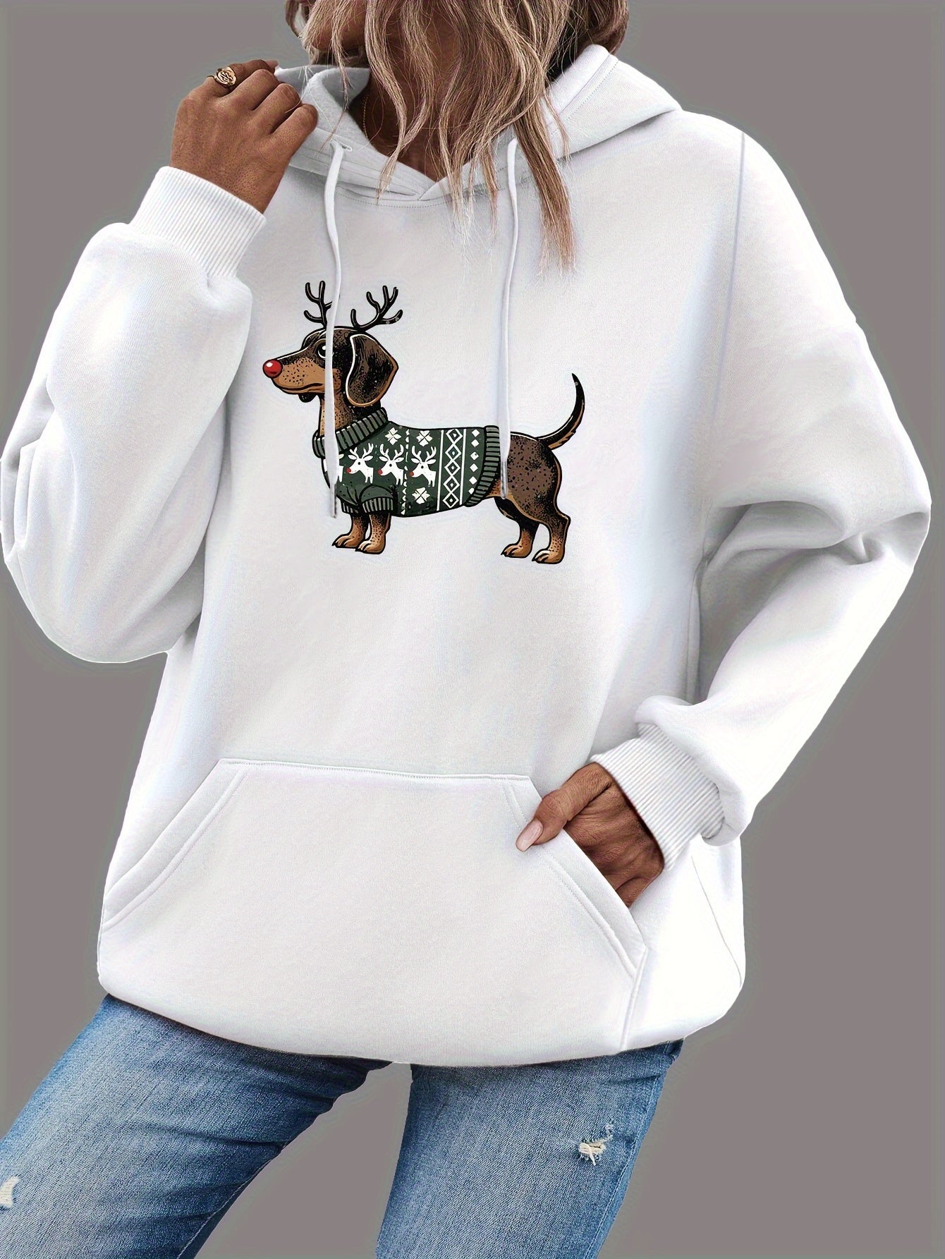 Dames Kerst Hoodie met Teckel Print – Warme Winter Hoodie