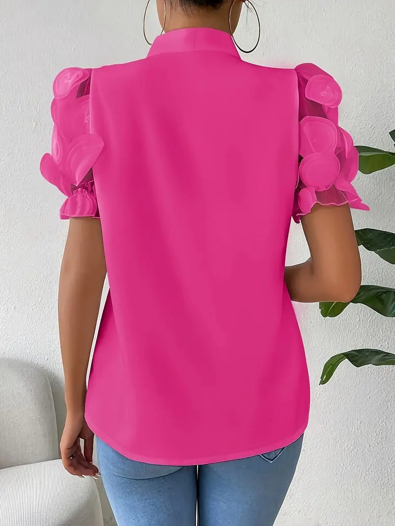 Blouse Dames Strikdetail Pofmouwen Elegante Pasvorm Dames